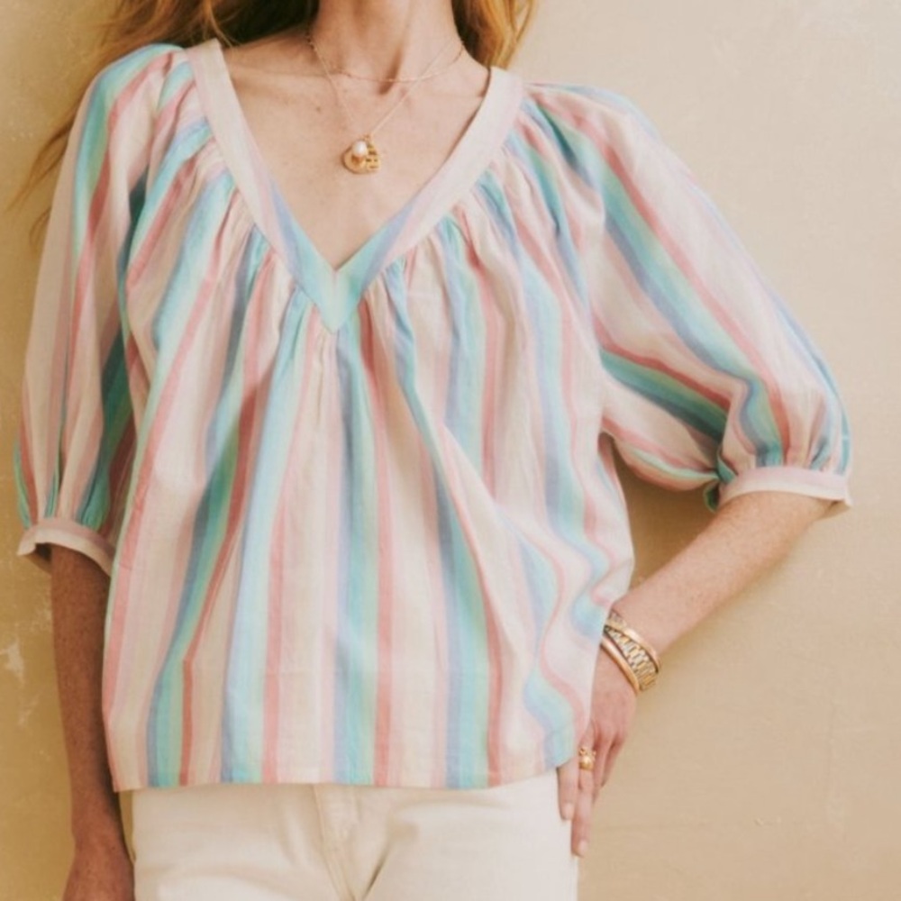 Ophelia & Indigo Edie Pastel Rainbow Striped Peasant V-Neck Crop Top